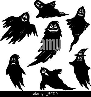 Legen Sie für Urlaub Halloween Design, fliegende Geister, Cartoon-Figur mit unterschiedlichen Emotionen, schwarze Silhouetten, Isolated on White Background. Vektor Stock Vektor