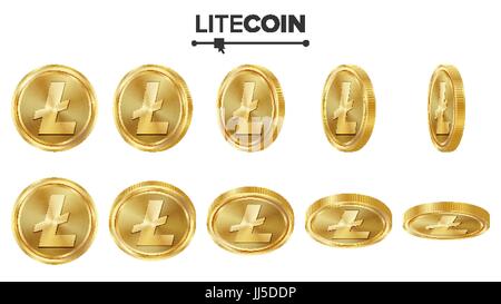 Litecoin 3D Goldmünzen Vektor-Set. Realistische. Drehen Sie verschiedene Winkeln. Digitale Währung Geld. Anlagekonzept. Kryptographie Finance Münze Symbole, Zeichen. FinTech Blockchain. Währung, Isolated On White Stock Vektor