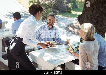 Kellnerin Speisen an Kunden im restaurant Stockfoto