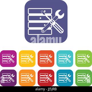 Datenbank mit Screwdriverl und Schraubenschlüssel Icons set Stock Vektor