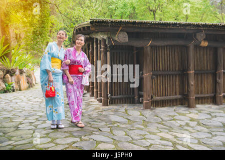 Freundinnen tragen traditionelle Kleidung Kimono Spaß mit Natur Pflanze und Haus außerhalb beobachten. Japaner Freunde zu Fuß in der Nähe von alten Japan Bogen Stockfoto