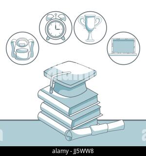 weißer Hintergrund mit Silhouette Farbschattierungen von Stapel buchen mit Graduation Cap und zertifiziert mit Ikonen Elementen akademischen Stock Vektor