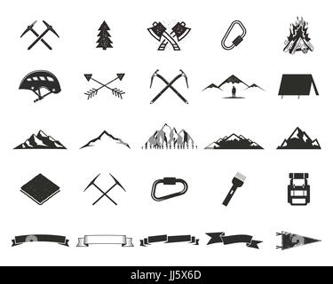 Berg-Expedition Silhouett Symbole festgelegt. Klettern und camping Formensammlung. Einfache schwarze Piktogramme. Verwendung für die Erstellung von Logos, Labels und andere Abenteuer-Designs. isoliert auf weiss Stockfoto