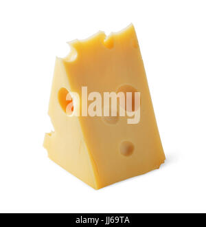 Stück Käse mit Löchern auf weißem Hintergrund Stockfoto