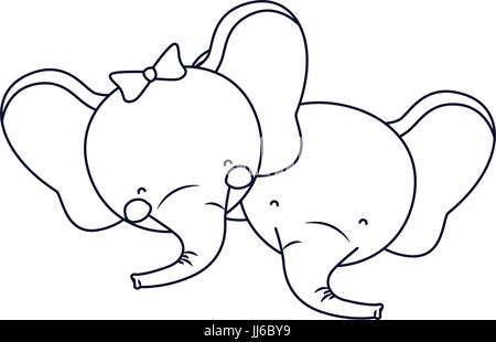 Skizzieren Sie Silhouette Karikatur Gesichter der Elefant Paar Tier Glück Ausdruck Stock Vektor