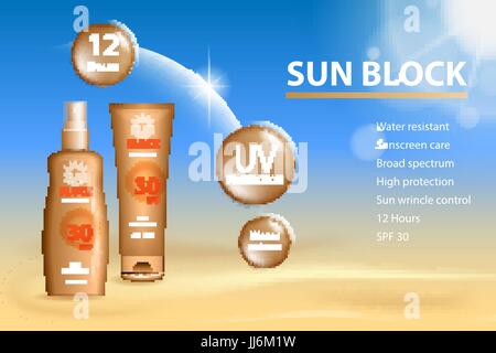 Sunblock Anzeigen-Vorlage, kosmetischen Sonnenschutzmitteln. Sonnenschutz-Creme und Gerben Öl spray Flasche. 3D Vektor-Illustration für Zeitschrift oder anzeigen. Stock Vektor