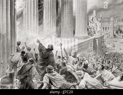 Die Verbrennung der Bibliothek in Alexandria, Ägypten 391 n. Chr..  Nach dem Gemälde von Ambrose Dudley (1867 – 1951).  Hutchinson Geschichte der Nationen veröffentlichte 1915. Stockfoto