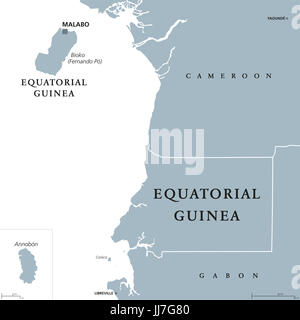 Äquatorial-Guinea politische Karte mit Hauptstadt Malabo auf der Insel Bioko oder Fernando Po. Republik. Land in Zentralafrika. Ehemals spanischen Guinea. Gray Stockfoto