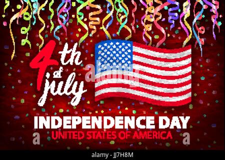 Der Tag der Unabhängigkeit der USA Vektor Poster Illustration. 4. Juli amerikanische rote Flagge auf blauem Hintergrund mit Sternen und Konfetti Kunst Stock Vektor