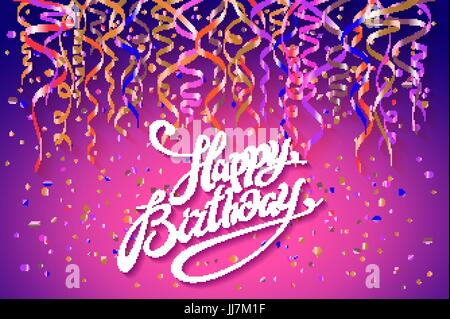 Happy Birthday Kartenvorlage, Konfetti. Urlaub-Hintergrund. Ansicht von oben. Zeichen-Design mit bunten Konfetti Vektor Partei auf rosa Hintergrund Draufsicht purp Stock Vektor