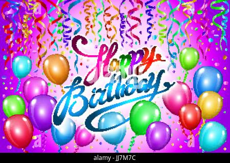 Happy Birthday Typografie Vektor-Design für Grußkarten und Poster mit bunten Ballons, Konfetti, Designvorlage für Geburtstagsfeier. Rosa Stock Vektor