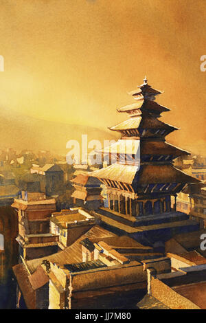 Aquarell von der Nyatapola-Tempel in die UNESCO-Welterbe-Stadt von Bhaktapur - Kathmandu-Tal, Nepal Stockfoto