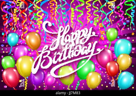 Ballons zum Geburtstag. bunte Ballons funkelt Urlaub violett rosa lila Hintergrund. Glück-Geburtstag für Sie Logo, Karte, Banner, Web-Design. Stock Vektor