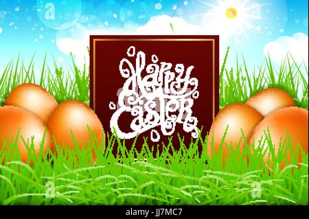 Orangen Eiern in einem Feld Gras mit blauem Himmel. Frohe Ostern Schriftzug moderne Kalligraphie, Vektorgrafiken Stock Vektor