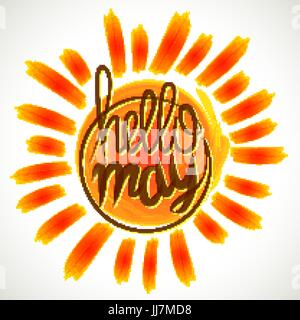 Hallo Frühling Schriftzug. Grange gelb farbigen Rahmen. Grüße-Web-Banner. Frühling-Verkauf-Banner. Sonnigen Vektor-Illustration. Cartoon, Comic-Blase Kunst Stock Vektor