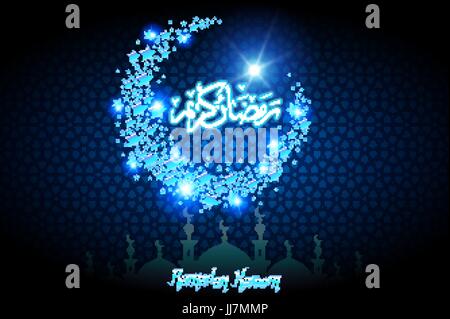 Ramadan Kareem Grußkarte. Glänzend verzierten Halbmond auf blauem Hintergrund. Stock Vektor