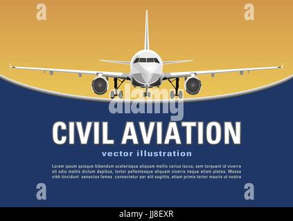 Flugzeug-Vektor. Banner, Poster, Flyer, Karte von Flugzeug auf einem sonnigen gelben Hintergrund und Text auf dem blauen Hintergrund. Kommerzielle Düsenflugzeug voll ins Gesicht Stock Vektor