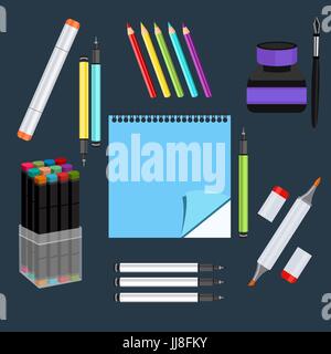 Realistische Künstlerbedarf, Set Kunstmaterialien. Professionelle Kunst-Marker mit zwei Spitzen, bunte Kapillare Stifte, Farbe Bleistifte, Marker im Set, sketchb Stock Vektor