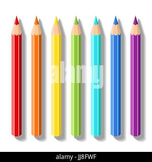 Setzen Sie realistische Buntstifte. Bleistifte der Farben des Regenbogens. Vektor-Malbedarf Zeichenbedarf für Zeichnung, zeichnen, Grafik, Malerei und Kreativität Stock Vektor