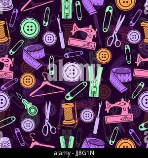 Nähen Werkzeuge nahtloses Muster, Vektor-Hintergrund. Mehrfarbige Nähzubehör auf dunklem Violett. Für Stoff, Wrapper, Drucke, Tapetendesign, Dekoration Stock Vektor