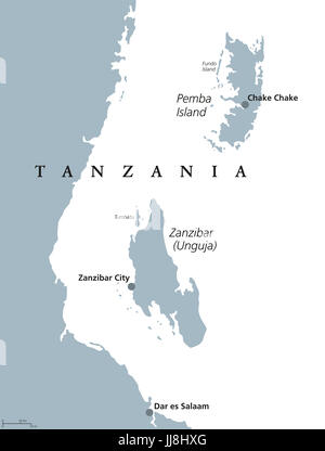 Sansibar und Pemba Island politische Karte. Semi-autonomen Region von Tansania in Ostafrika. Sansibar-Archipel im Indischen Ozean. Abbildung. Stockfoto