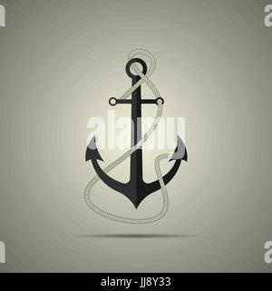 Anker mit Seil Icon, flache, schwarze und weiße Farben, Konzept Stock Vektor