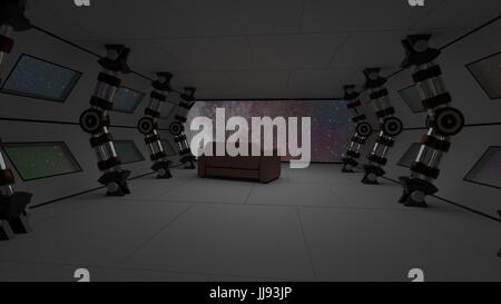 Raumschiff-Interieur mit relax Sofa Blick auf Raum und fernen Planeten System 3D illustration Stockfoto