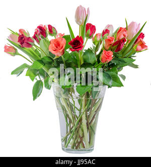 Rot und orange Rosen Blüten mit rosa Tulpen in einer transparenten Vase, isoliert, weißen Hintergrund. Stockfoto