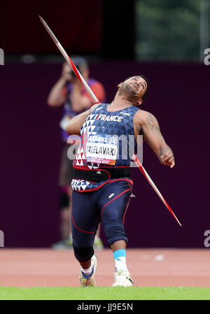 Frankreichs Tony Falelavaki die Männer Speer werfen F44 Final Tag fünf der 2017 Para Leichtathletik-Weltmeisterschaften in London Stadion. PRESSEVERBAND Foto. Bild Datum: Dienstag, 18. Juli 2017. S. PA Geschichte Leichtathletik Para. Bildnachweis sollte lauten: Simon Cooper/PA Wire. Einschränkungen: Nur zur redaktionellen Verwendung. Keine Übertragung von Ton- oder bewegte Bilder und keine video-Simulation. Stockfoto