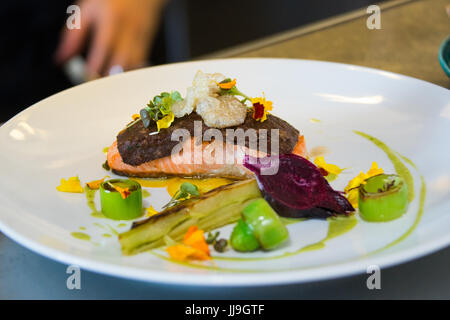 Koji-härtenden Sockeye Wildlachs im Restaurant Nomad, Vancouver, Kanada Stockfoto