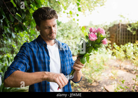 Mann trimmen Blumen mit Gartenscheren im Garten an einem sonnigen Tag Stockfoto