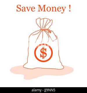 Stilisierte Symbol einer verknoteten Tasche mit Geld. Design für Banner, Poster oder Druck. Stock Vektor