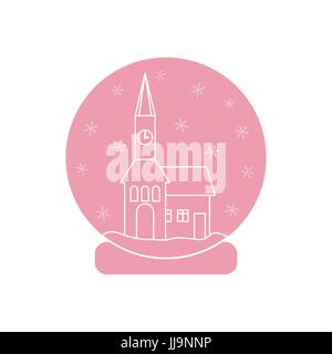 Vector Abbildung: Rathaus mit Uhr und das Haus innen Glaskugel mit Schnee. Design Element für Postkarte, Einladung, Banner oder Flyer i Stock Vektor