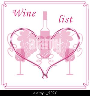 Niedliche Vektor-Illustration der Flasche Wein, Gläser, Trauben und Herz im Rahmen. Weinhandel. Shop, Bar, Restaurant, Weinkeller, Weinproben, Liste oder ev Stock Vektor