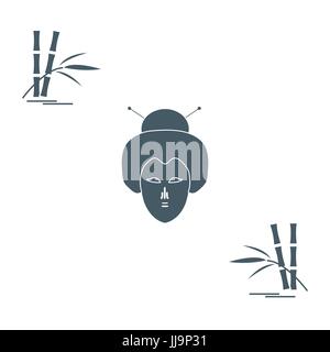 Stilisierte Ikone der japanischen Frau Gesicht und Bambus. Reisen und Freizeit. Design für Banner, Poster oder Druck. Stock Vektor