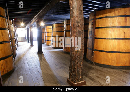 Fässer von Madeira-Wein in einem Keller bei Blandy es Wine Lodge, Funchal, Madeira, Portugal Stockfoto