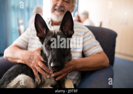 Mittelteil des senior woman Holding Welpe sitzend auf Sessel im Altenheim Stockfoto