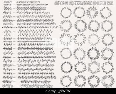 Vector Illustration Hand ertrinken floral Zeile Grenze set Stock Vektor