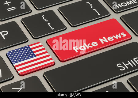 USA-gefälschte Nachrichten Taste, Taste auf der Tastatur. 3D-Rendering Stockfoto