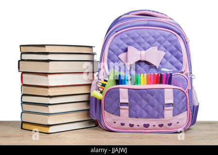 Schulrucksack und Bücher Stockfoto