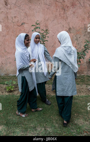 Srinagar, Jammu und Kaschmir, Indien. Drei muslimische Mädchen chatten bei Nishar Bagh Stockfoto