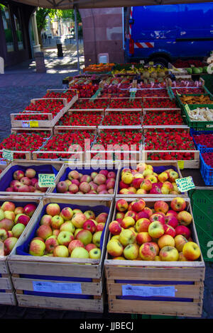 Obstmarkt mit frischen Erdbeeren in den Straßen von Mulhouse Elsass Frankreich Stockfoto