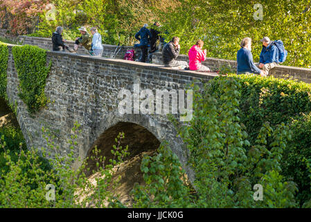 Pilger auf der Brücke machen Sie Pause in Larrasoana, Spanien, Europa. Der Weg von Zubiri nach Pamplona, Camino de Santiago. Stockfoto