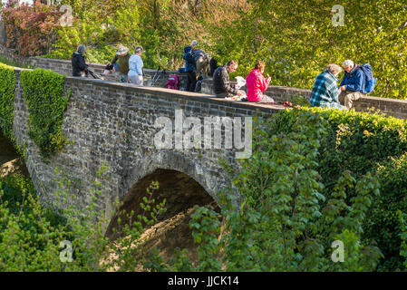 Pilger auf der Brücke machen Sie Pause in Larrasoana, Spanien, Europa. Der Weg von Zubiri nach Pamplona, Camino de Santiago. Stockfoto