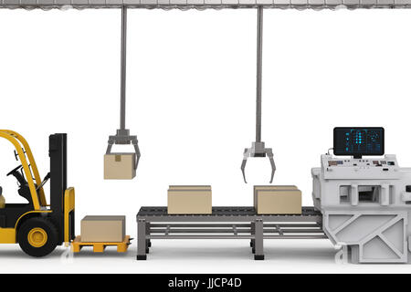 3D Rendering Roboterarme mit Kartons und Gabelstapler Stockfoto
