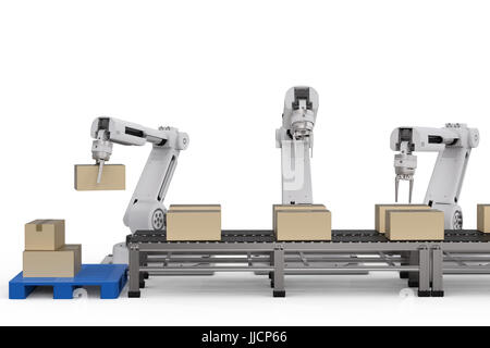 3D Rendering Roboterarme mit Kartons Stockfoto
