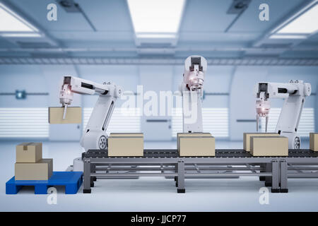 3D Rendering Roboterarme mit Kartons Stockfoto