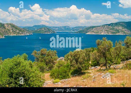 Blick auf die Bucht von Amos in der Ägäis mit Inseln vom kleinen Berg mit Olivenbäumen und Gras im Vordergrund und weiße Segel Boote im Meer, Marmari Stockfoto