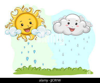 Bunte Illustration einer glücklich Sonne und Wolke Maskottchen abwechselnd nährende einen Patch Gras Stockfoto