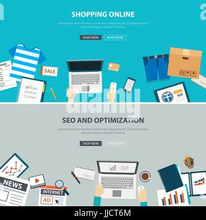 Online-shopping-Konzept Desktop mit Seo Optimierung flaches design Stock Vektor